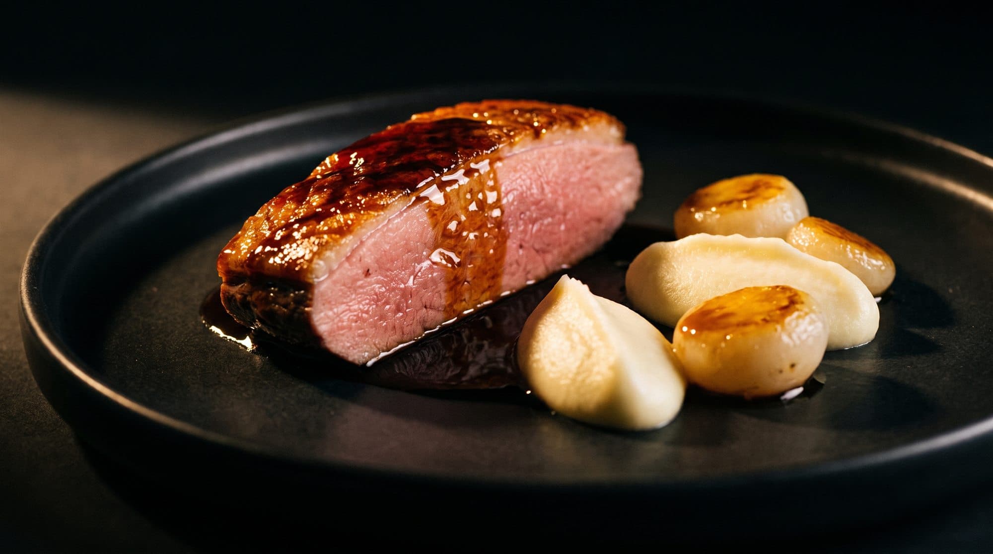 Un magret de canard rosé, nappé d'un jus brun brillant, sur une assiette de céramique sombre.