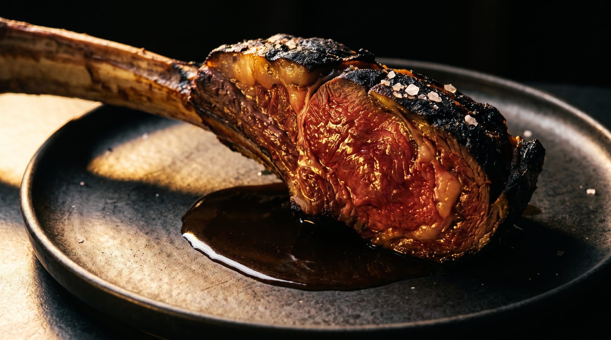 Une côte de bœuf en cours de cuisson, la croûte saisie et le beurre mousseux arrosé à la cuillère.