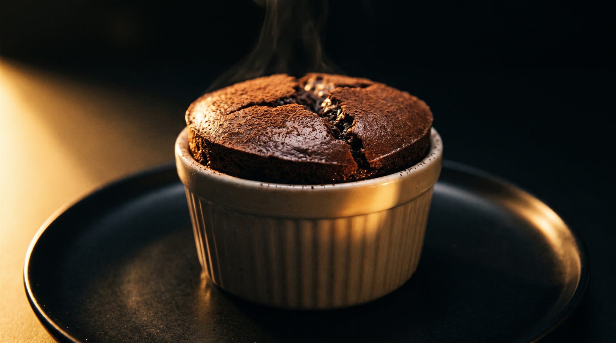 Un soufflé au chocolat levé au-dessus de son ramequin, la croûte fendue, la vapeur qui s'en échappe.